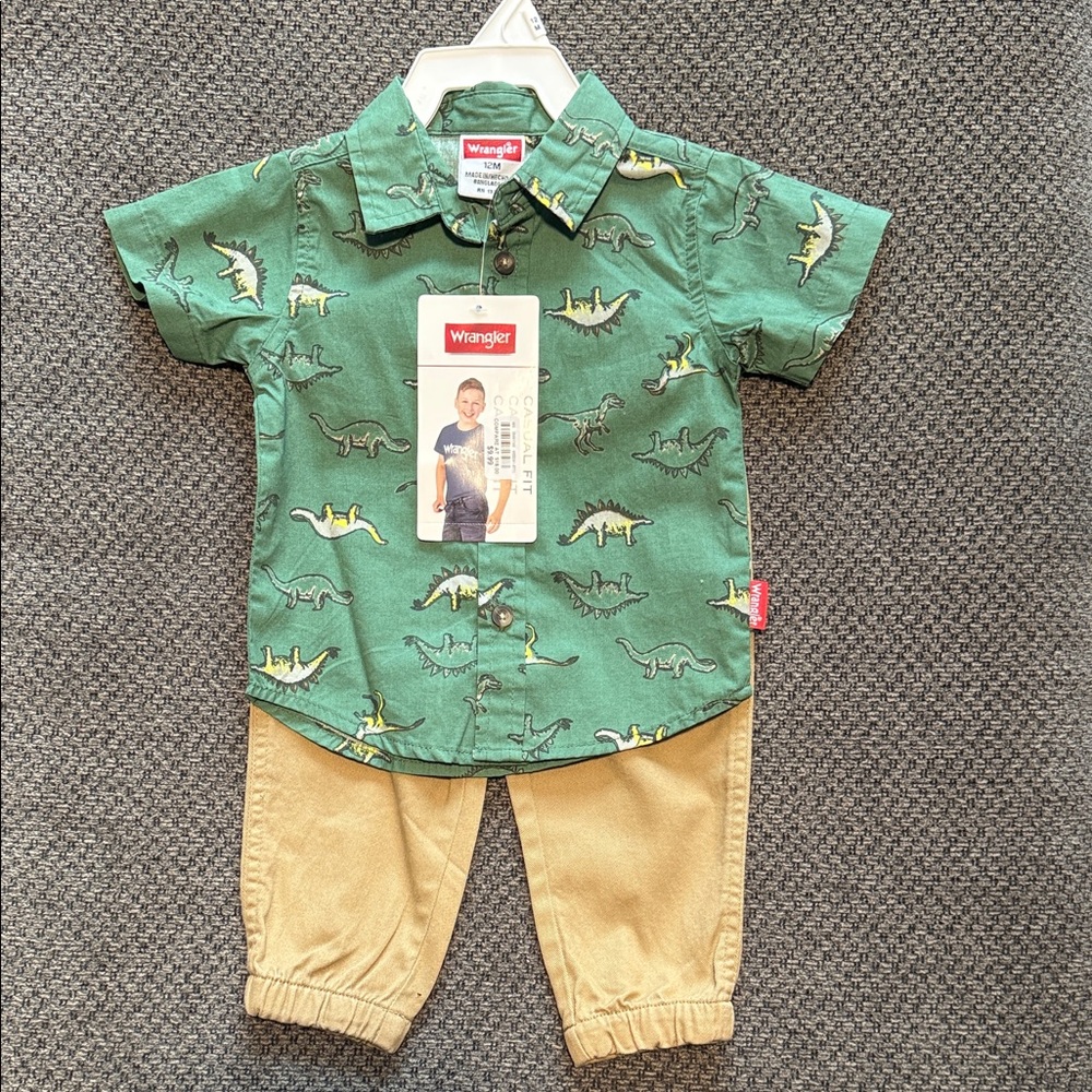 Wrangler Green Dinosaur Shirt with Tan Pants